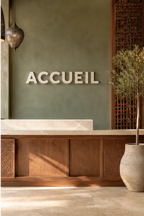 Accueil blanc minéral installé dans un espace contemporain
