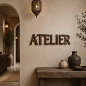 Lettres 3D Bois Noyer – installation dans un espace professionnel