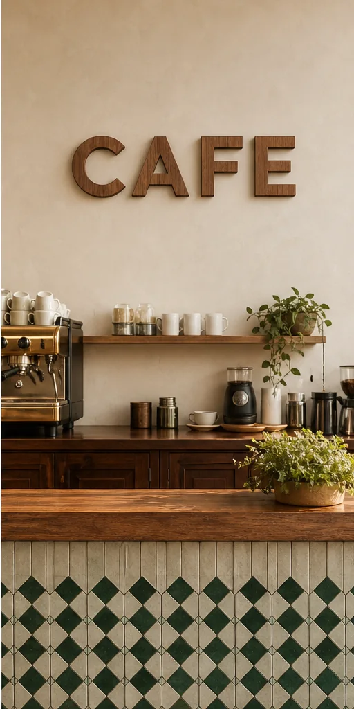 Café en bois de cèdre installé dans un espace contemporain