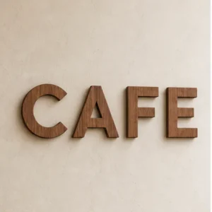 Café en bois de cèdre – vue principale du lettres murales 3D
