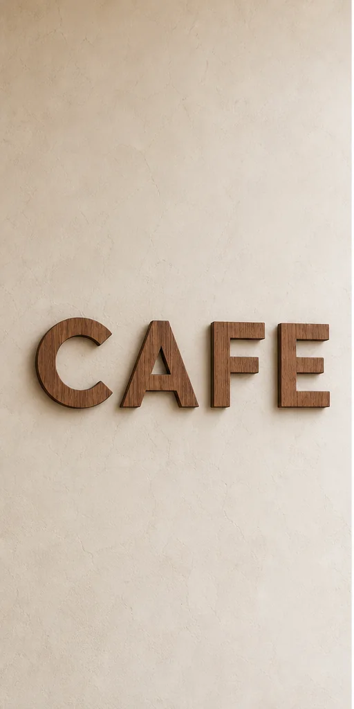 Café en bois de cèdre – vue principale du lettres murales 3D