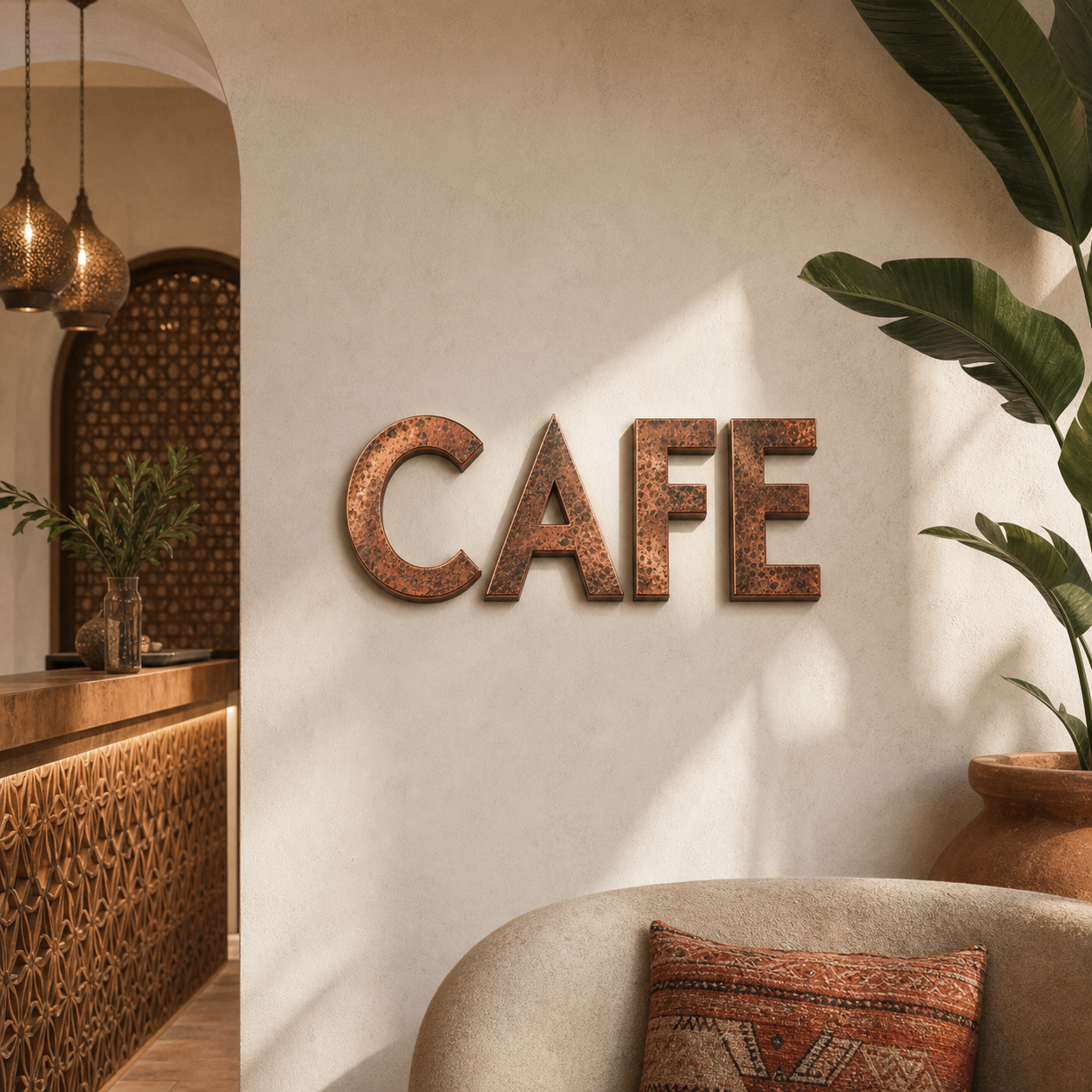 Lettres 3D Cuivre Vieilli – installation dans un espace professionnel
