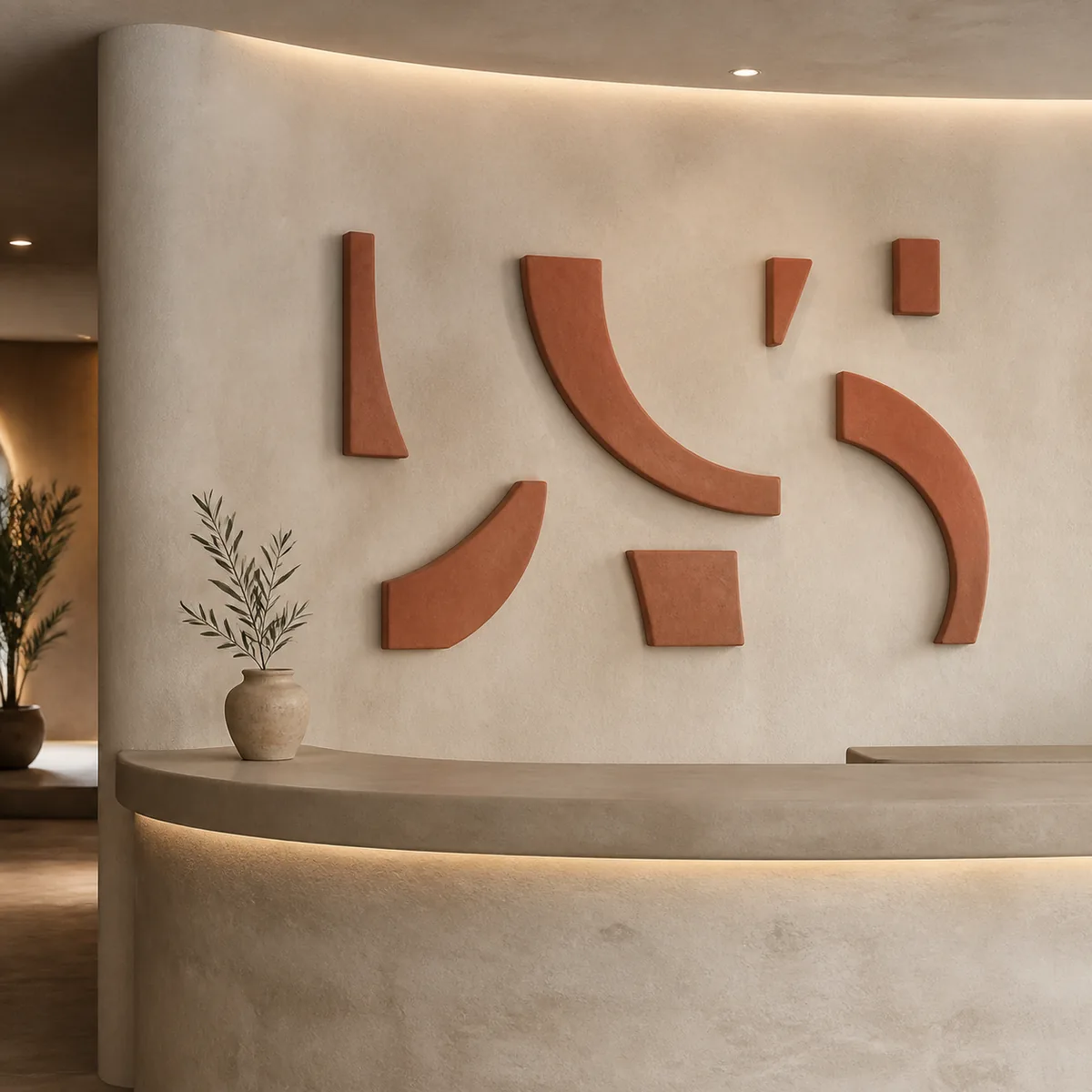 Lettres Tadelakt terracotta, produit de décoration murale marocaine et berbère – vue principale.