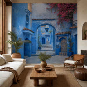 Médina de Chefchaouen – papier peint installé dans un intérieur marocain