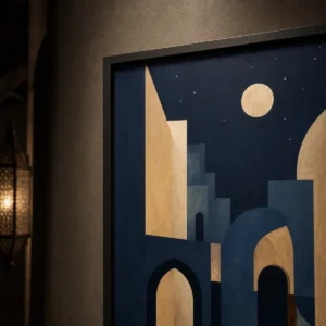 Vue détaillée de Médina nocturne montrant le grain du papier mat et le bord du cadre.
