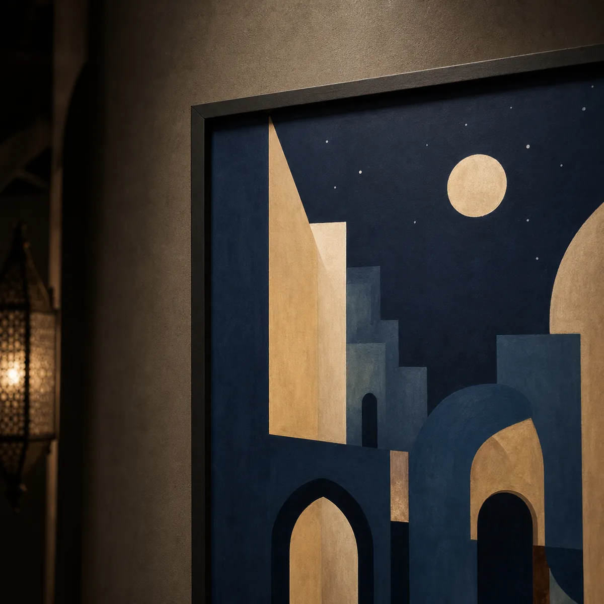 Vue détaillée de Médina nocturne montrant le grain du papier mat et le bord du cadre.