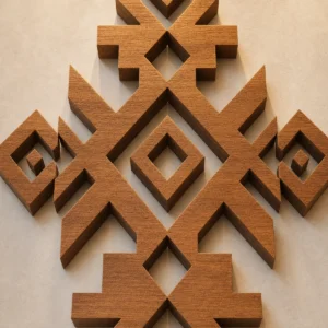 Détail de la matière et de la finition de Monogramme amazigh en bois.
