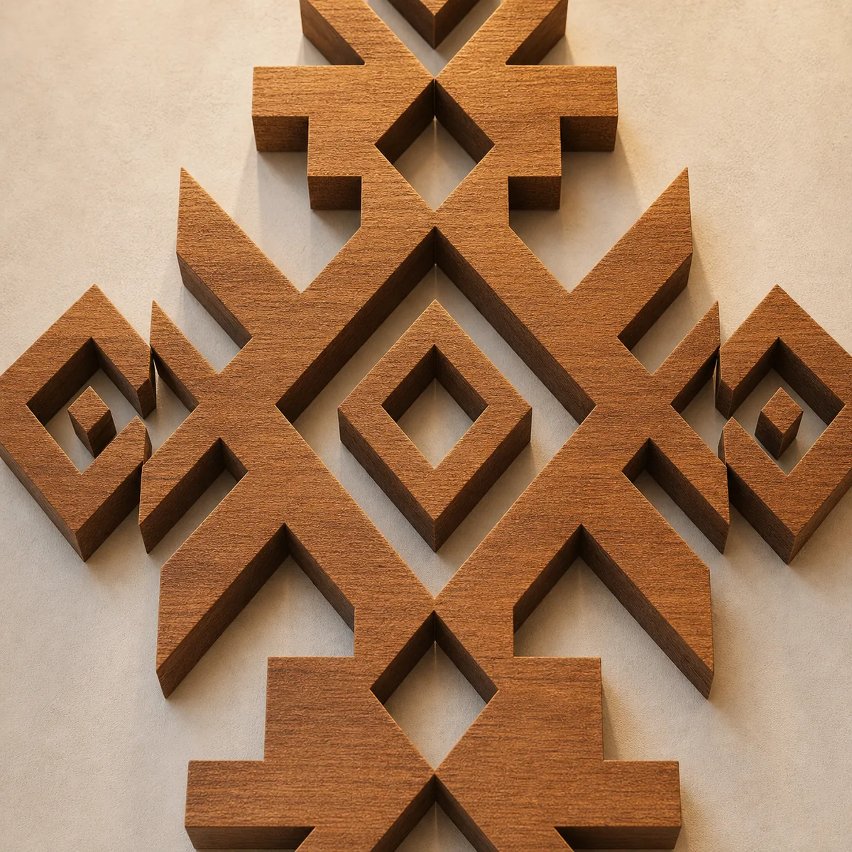 Détail de la matière et de la finition de Monogramme amazigh en bois.
