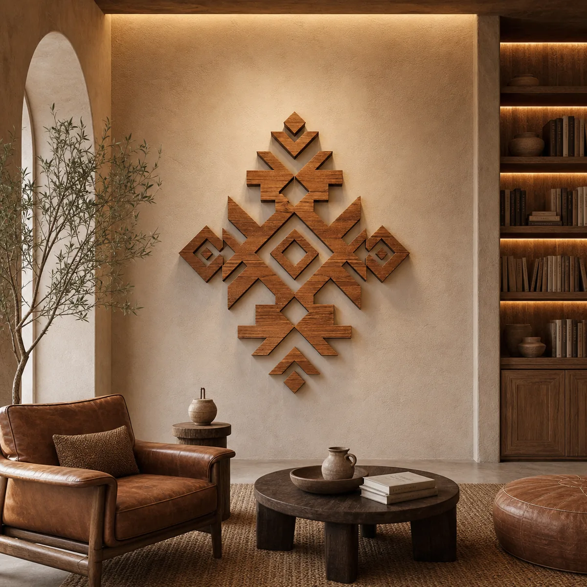 Monogramme amazigh en bois en situation dans un intérieur marocain contemporain.