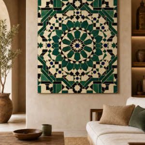 Mosaïque Fès Émeraude – mise en ambiance du tableau sur toile