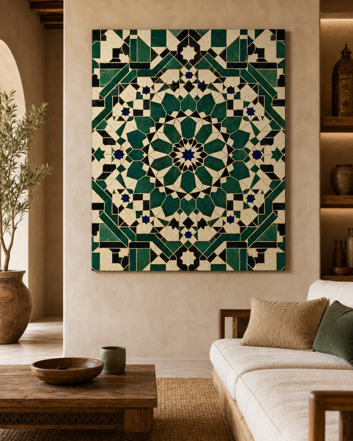 Mosaïque Fès Émeraude – mise en ambiance du tableau sur toile