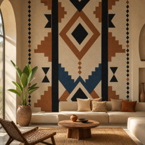 Motif Berbère Graphique – papier peint installé dans un intérieur marocain