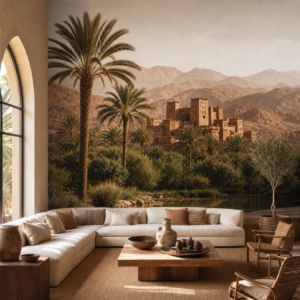 Oasis de Tafilalet – papier peint installé dans un intérieur marocain