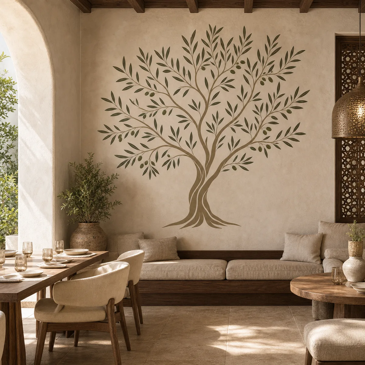 Olivier de l’Atlas en situation dans un intérieur marocain contemporain.