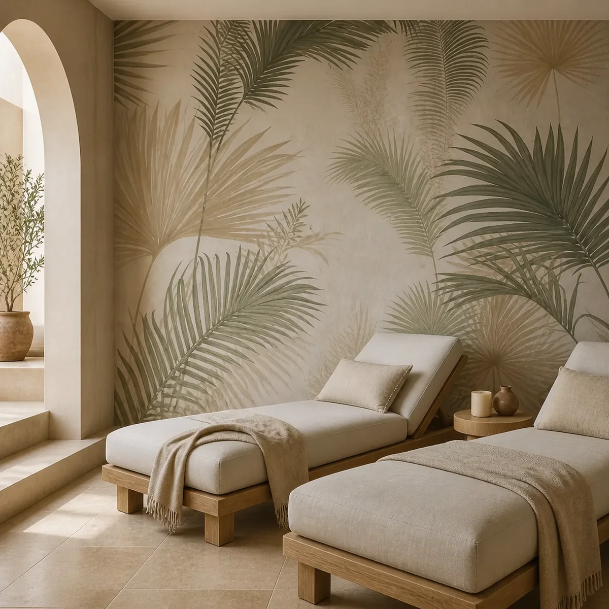 Palmeraie douce en situation dans un espace détente d'hôtel spa.