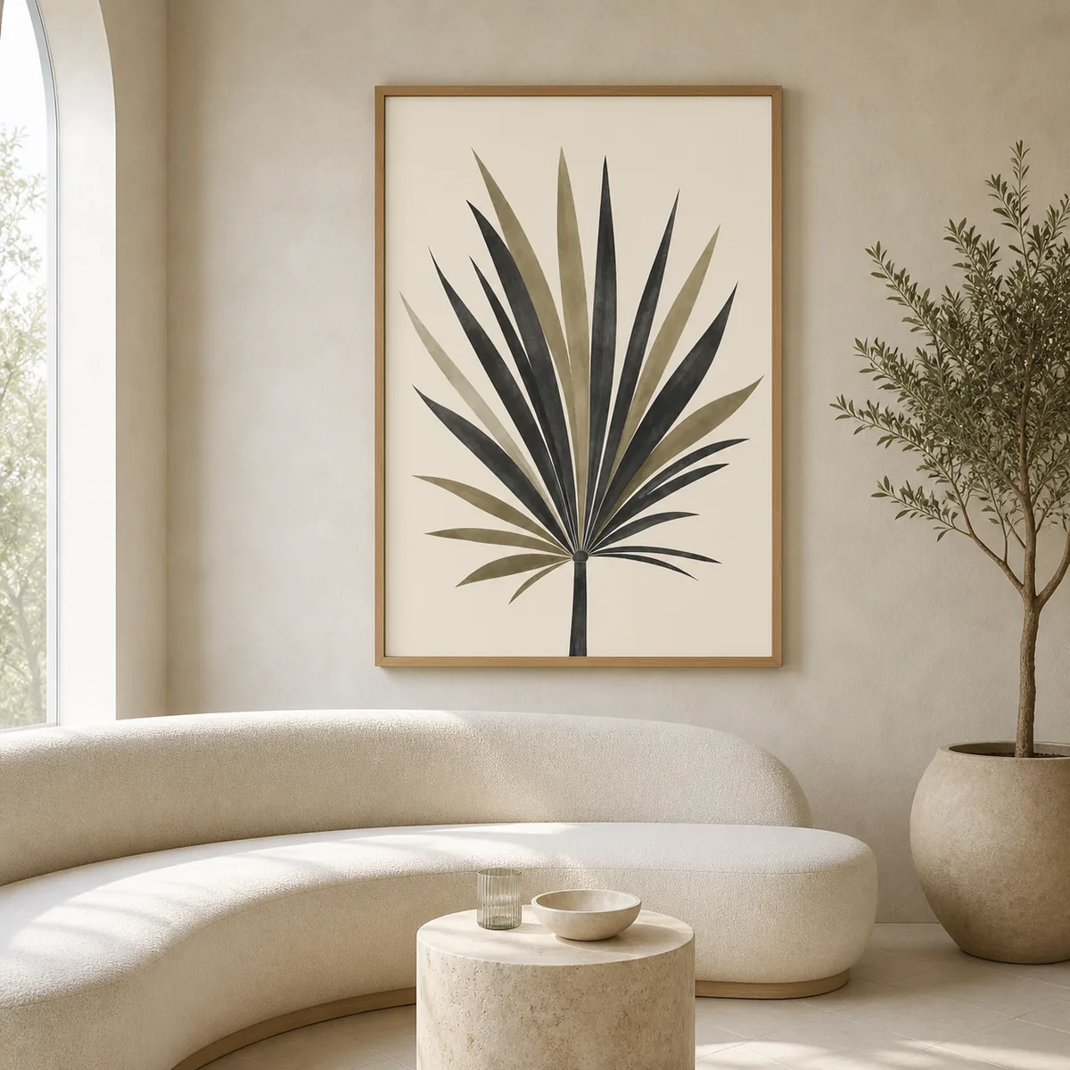 Palmier minéral en situation dans un salon minéral aux tons naturels.