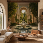 Panoramique Jardin Andalou – papier peint installé dans un intérieur marocain
