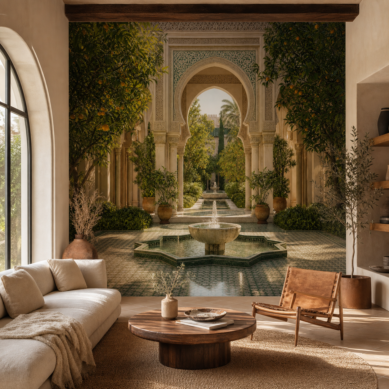 Panoramique Jardin Andalou – papier peint installé dans un intérieur marocain