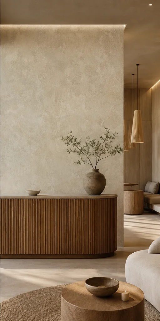 Tadelakt sable installé dans un espace contemporain