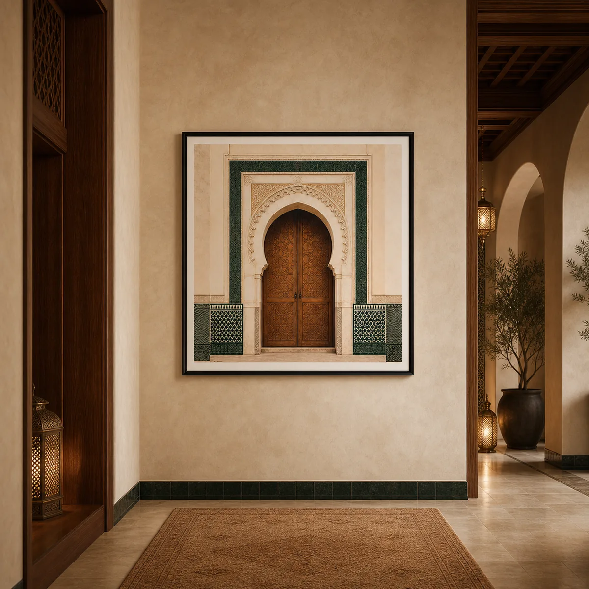 Porte de Fès en situation dans un intérieur marocain contemporain.