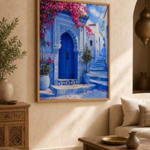 Poster Chefchaouen Bleu – mise en ambiance avec cadre en bois et verre