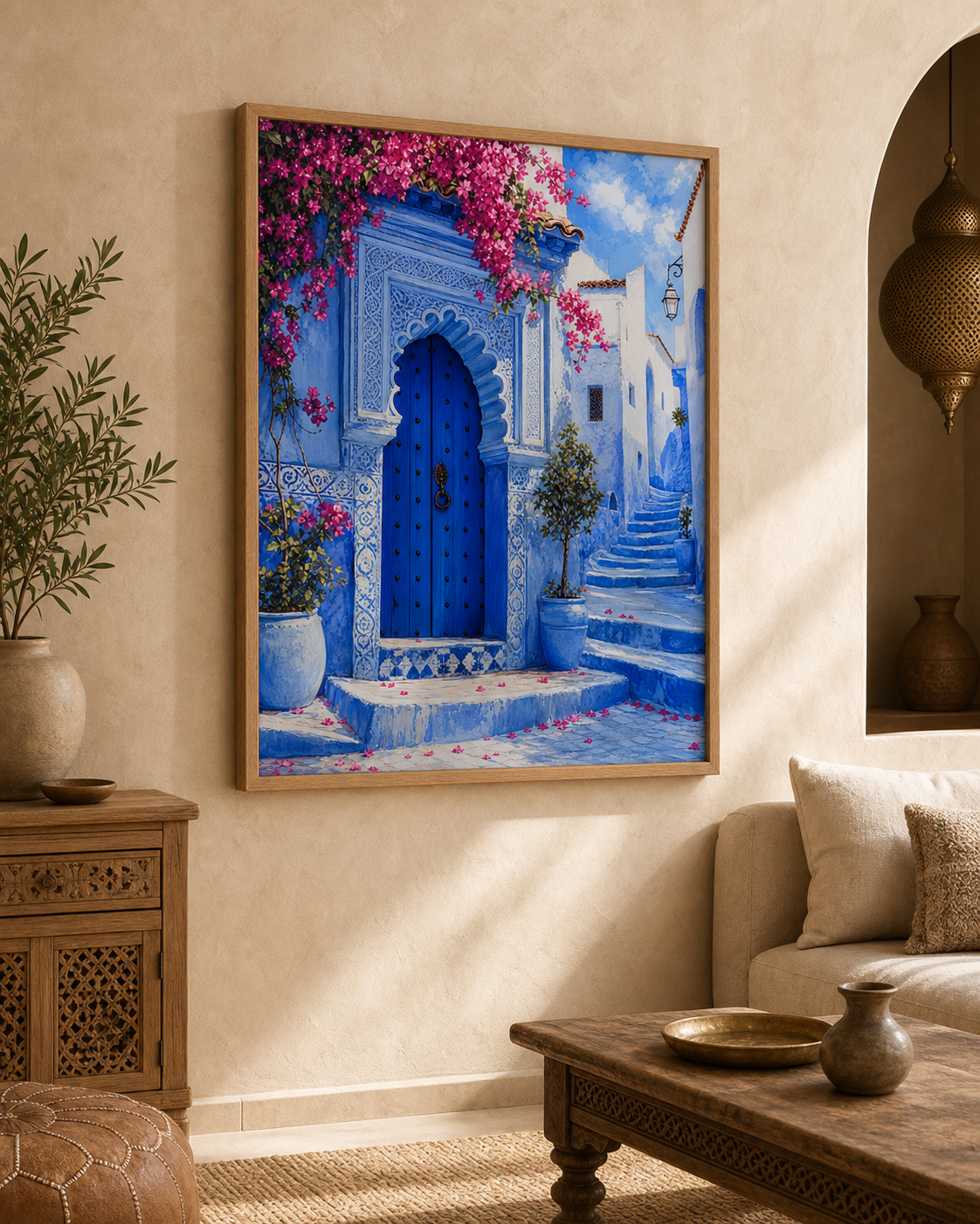 Poster Chefchaouen Bleu – mise en ambiance avec cadre en bois et verre