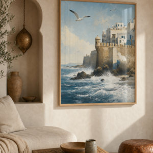Poster Essaouira Atlantique – mise en ambiance avec cadre en bois et verre