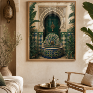 Poster Fès Médina Vintage – mise en ambiance avec cadre en bois et verre