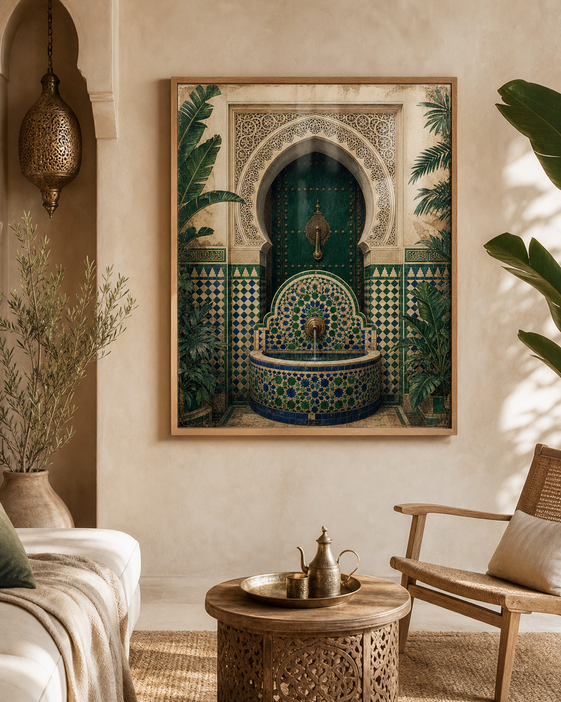 Poster Fès Médina Vintage – mise en ambiance avec cadre en bois et verre