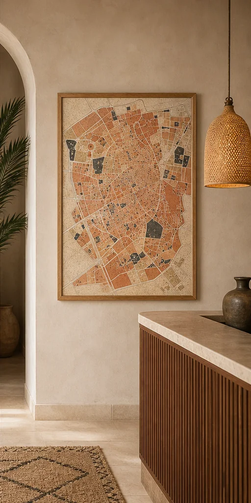 poster plan Marrakech Médina encadré dans un intérieur contemporain