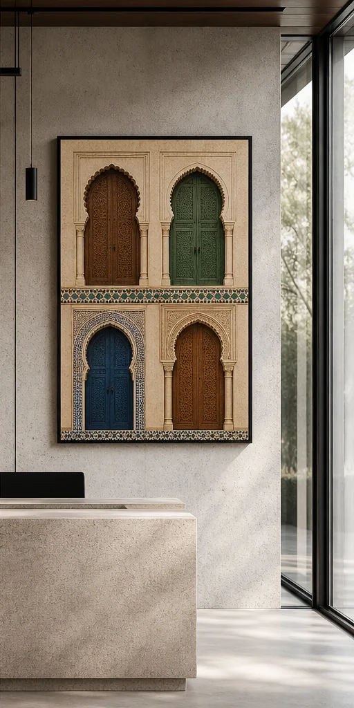 poster Portes marocaines encadré dans un intérieur contemporain