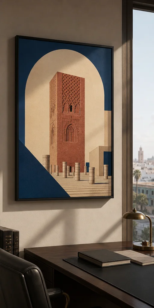 poster Tour Hassan Rabat encadré dans un intérieur contemporain