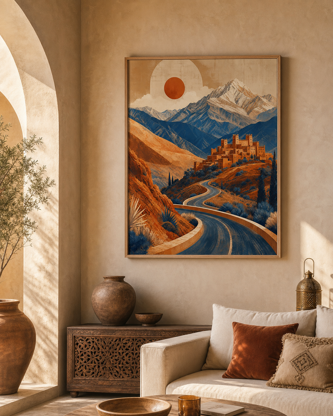 Poster Route de l’Atlas – mise en ambiance avec cadre en bois et verre