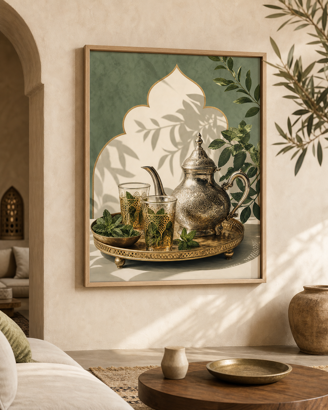 Poster Thé Marocain Minimaliste – mise en ambiance avec cadre en bois et verre