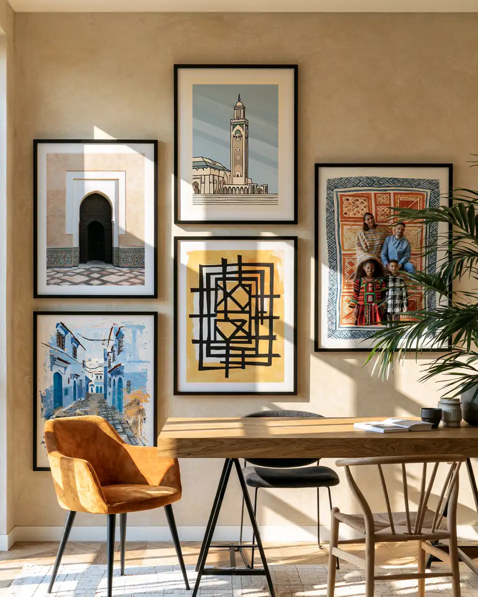 Collection de posters personnalisés représentant une porte marocaine, la Mosquée Hassan II, Chefchaouen, un motif amazigh et une photo de famille dans un intérieur contemporain.
