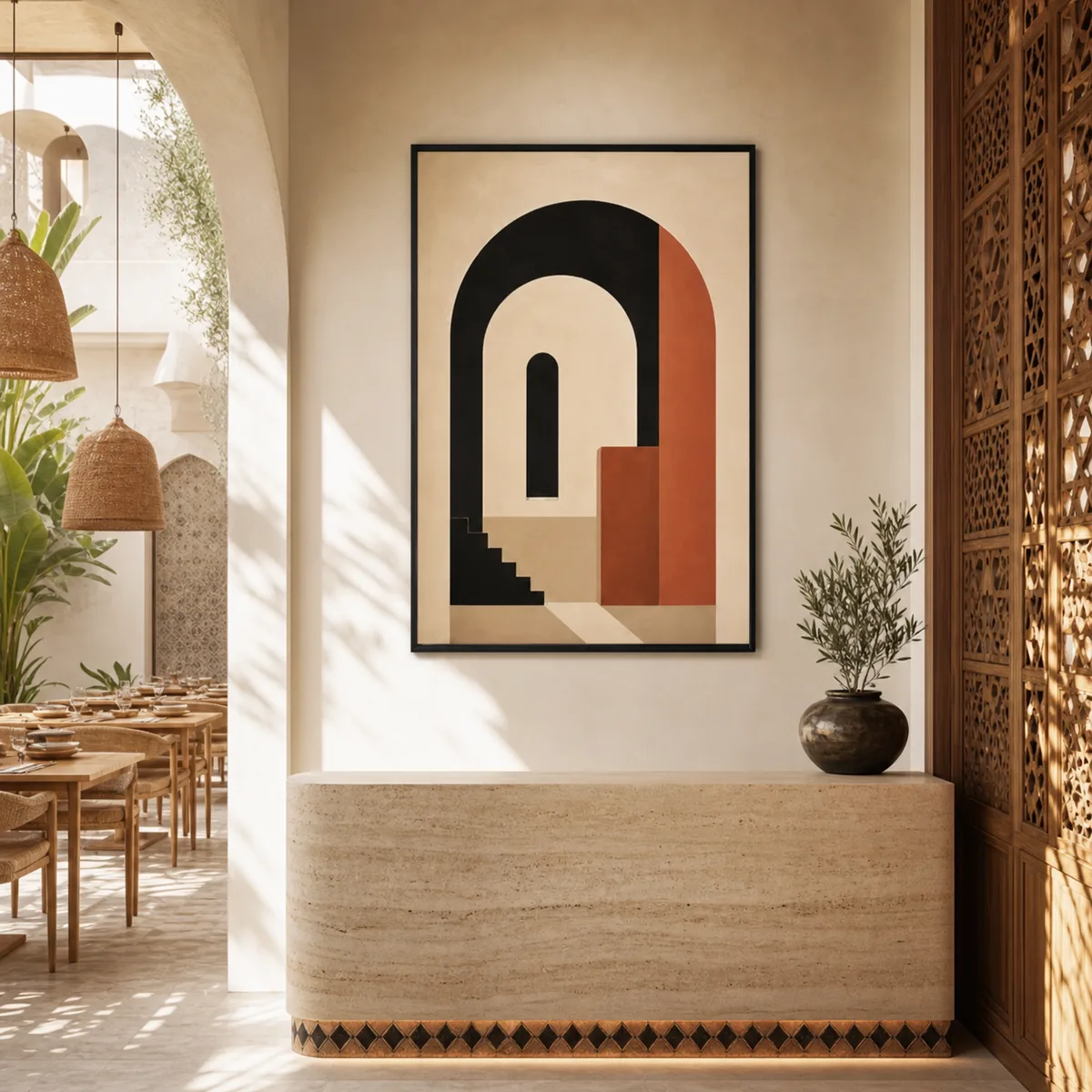 Riad géométrique en situation dans la réception d'un restaurant marocain.