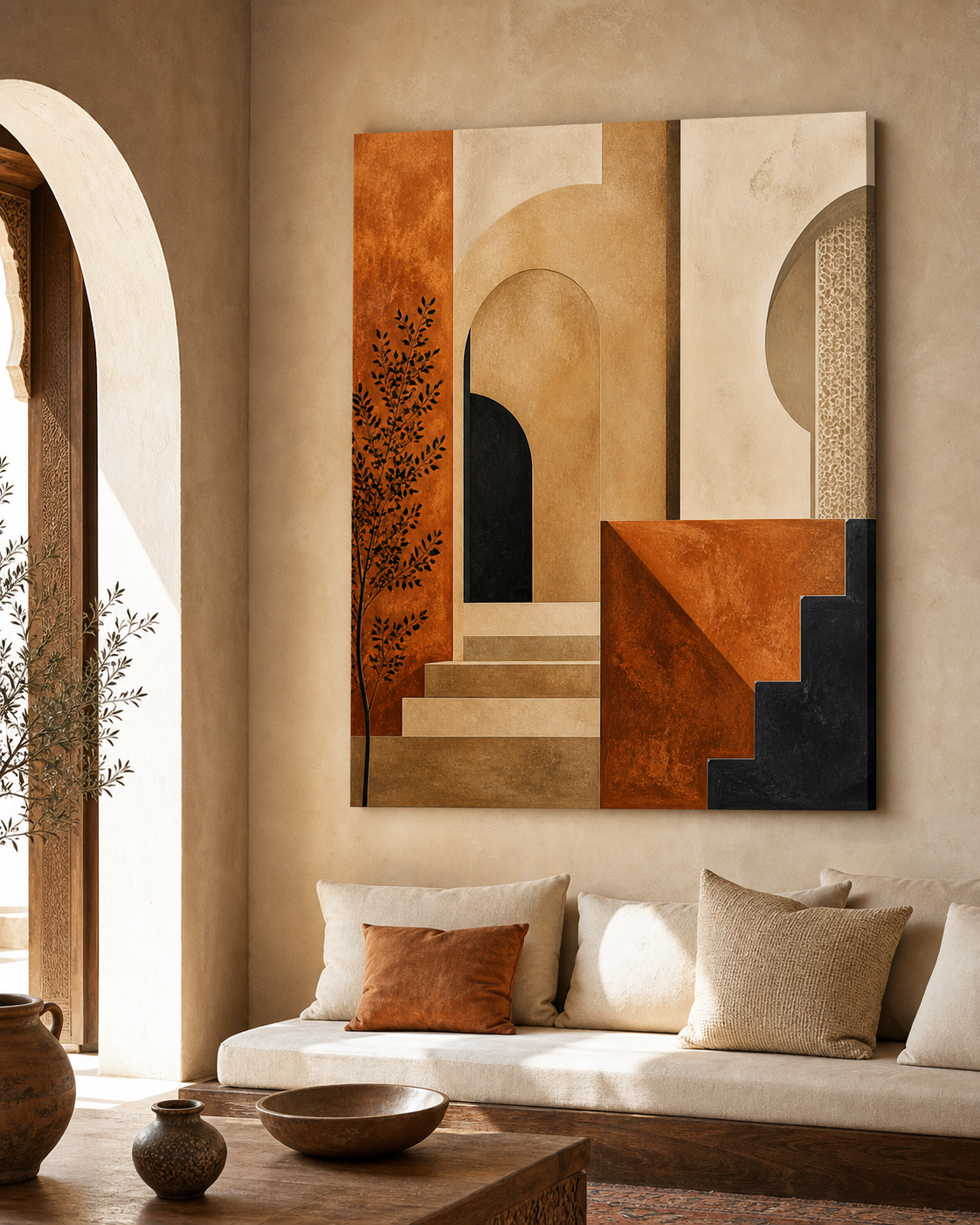 Riad Terracotta Abstrait – mise en ambiance du tableau sur toile