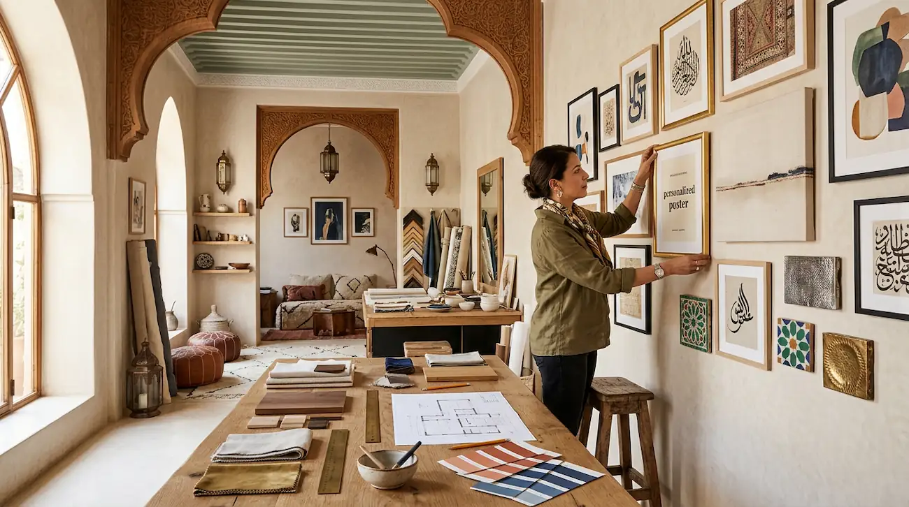 Designer réalisant un projet de décoration murale personnalisée avec tableaux, posters et cadres dans un studio au Maroc.