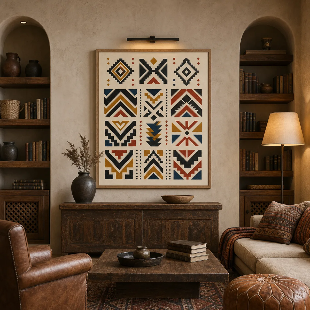 Symboles amazighs en situation dans un intérieur marocain contemporain.