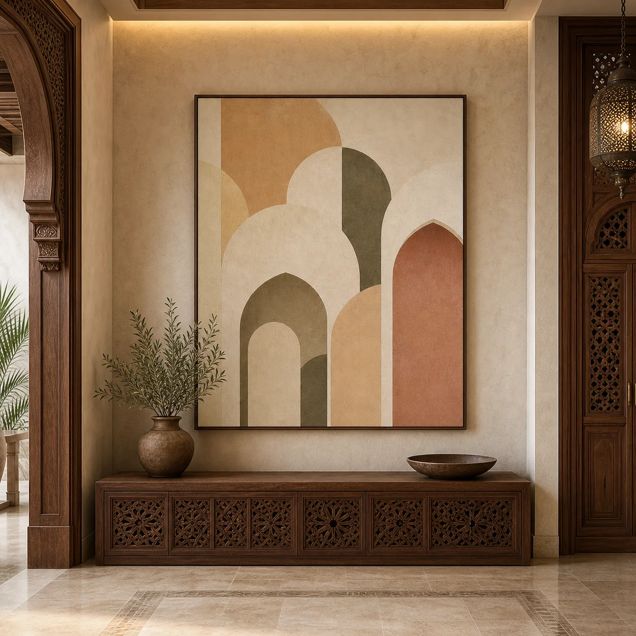 tableau Arches du riad présenté dans un intérieur marocain contemporain