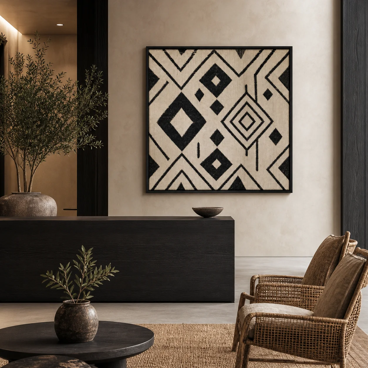 tableau Atlas noir et ivoire présenté dans un intérieur marocain contemporain