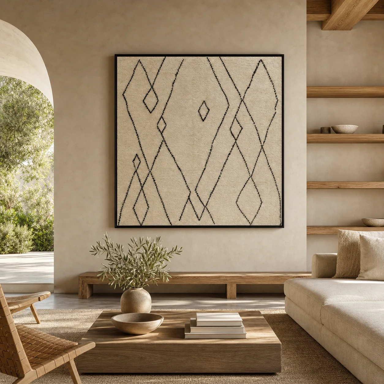 tableau Beni Ouarain minimal présenté dans un intérieur marocain contemporain