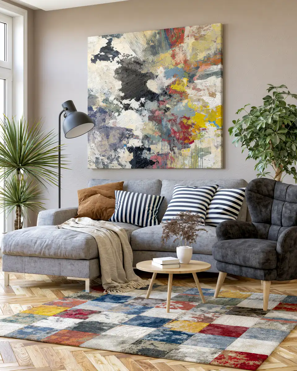Grand tableau abstrait installé dans un salon contemporain