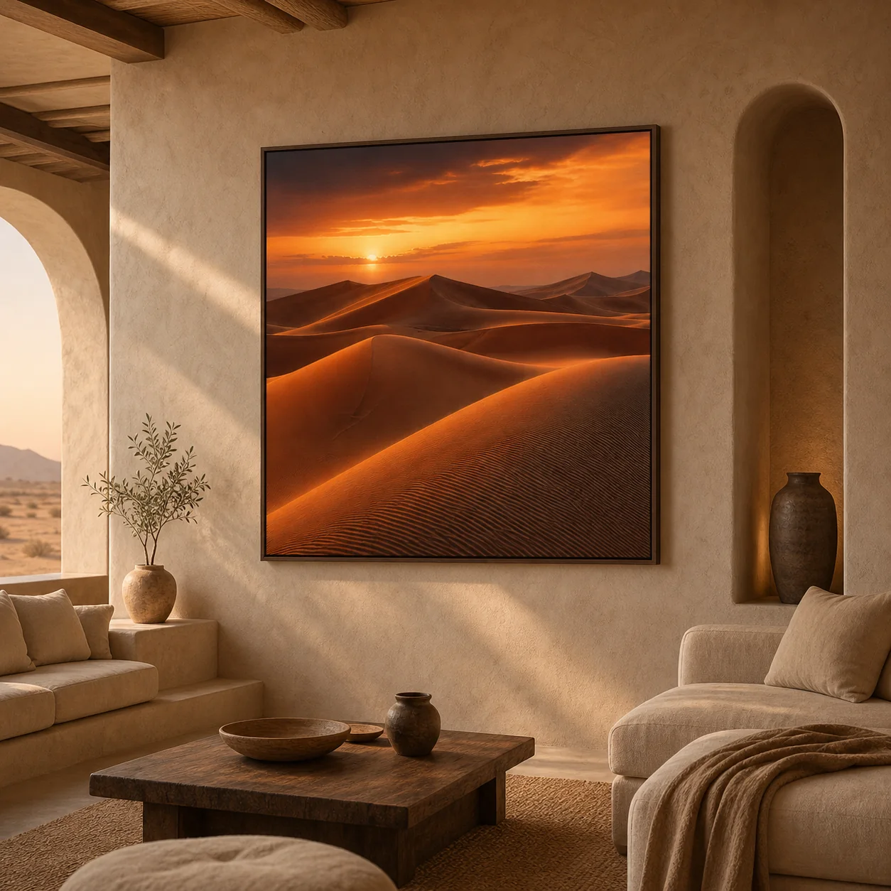 tableau Dunes de Merzouga présenté dans un intérieur marocain contemporain