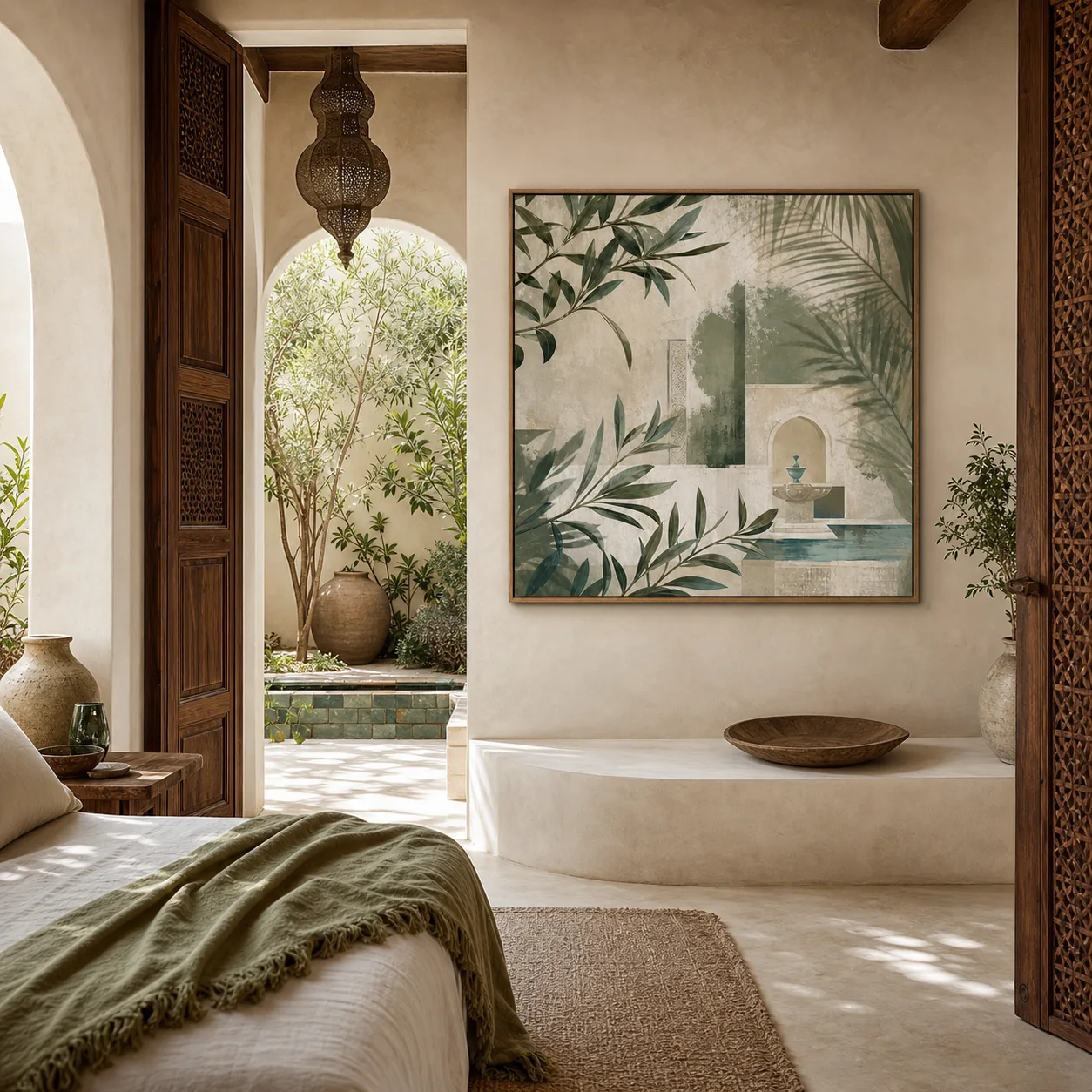 tableau Jardin de riad présenté dans un intérieur marocain contemporain