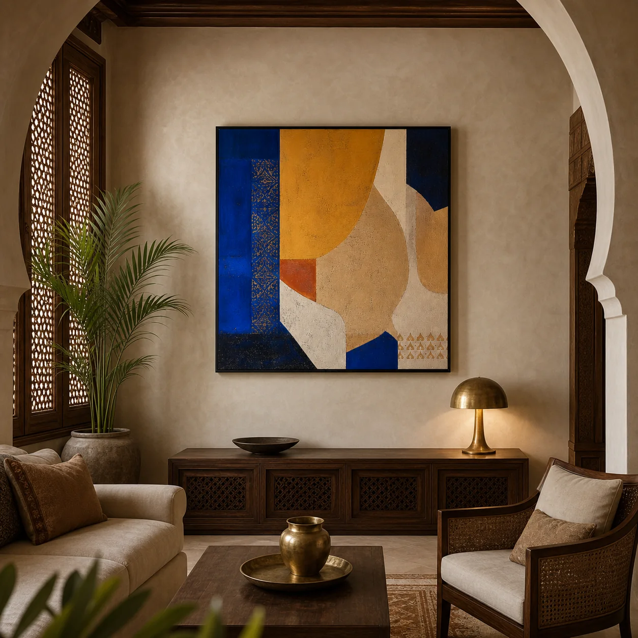 tableau Majorelle et ocre présenté dans un intérieur marocain contemporain