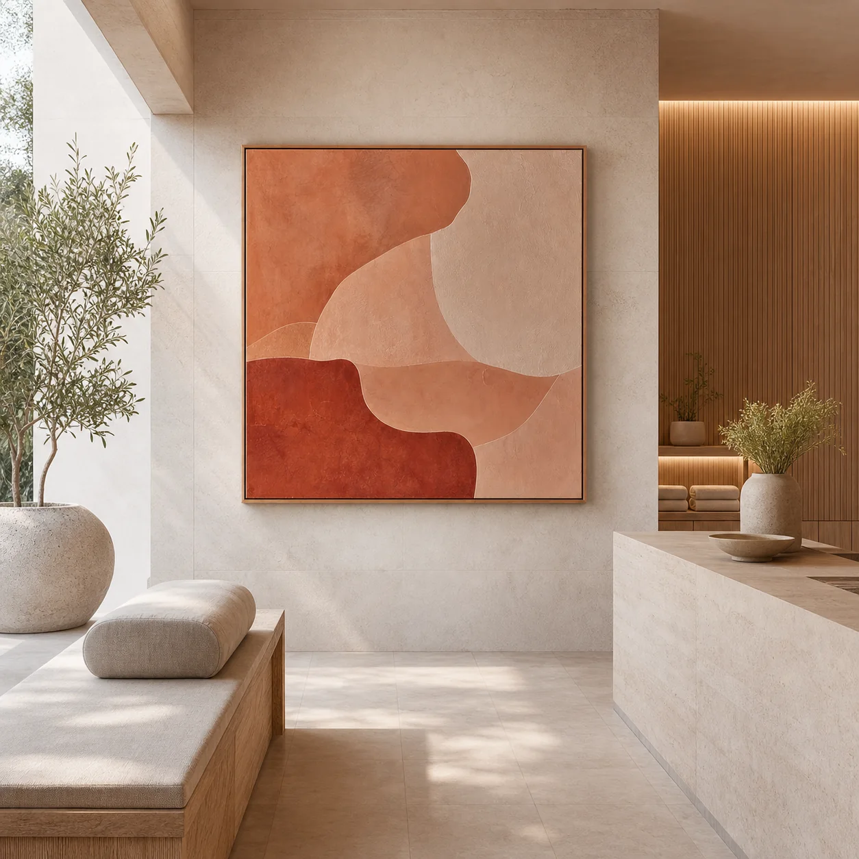 tableau Tadelakt terracotta présenté dans un intérieur marocain contemporain