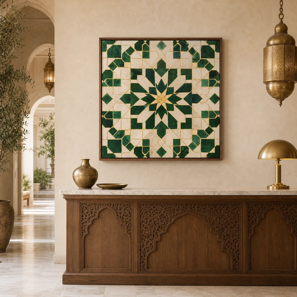 tableau Zellige vert de Fès présenté dans un intérieur marocain contemporain