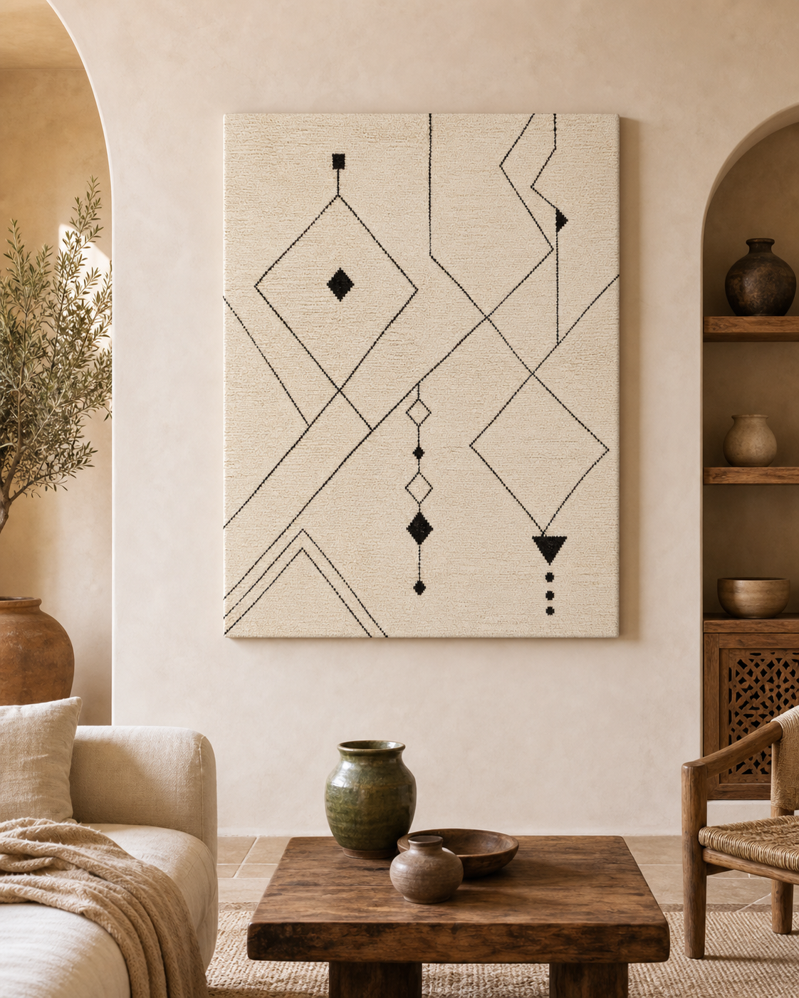 Tapis Beni Ouarain Minimaliste – mise en ambiance du tableau sur toile