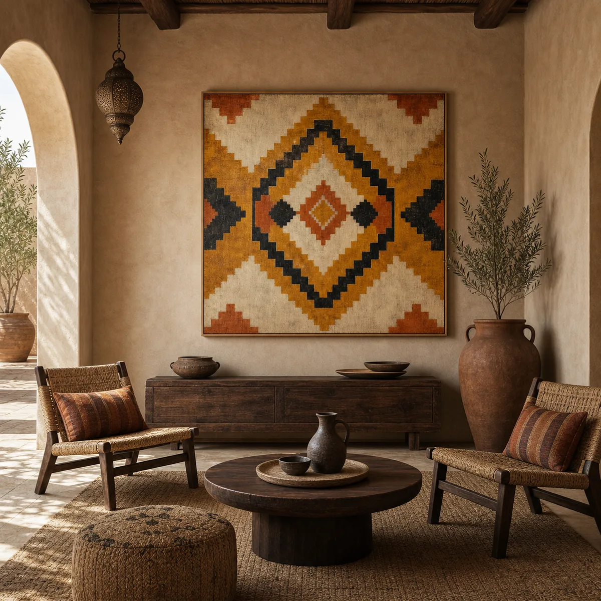 Taznakht solaire en situation dans un intérieur marocain contemporain.